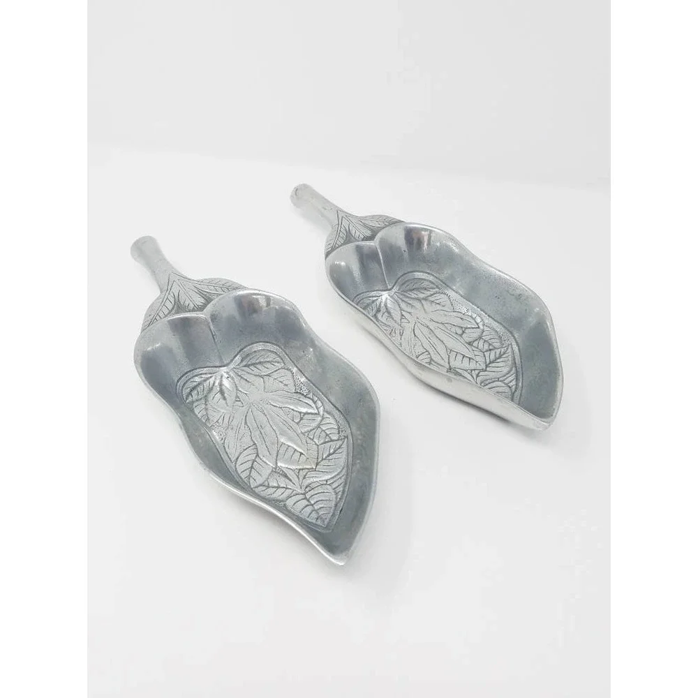 Vtg 1978 Aluminum Arthur Court leaf shaped dish bowl platter tray set of 2 farm